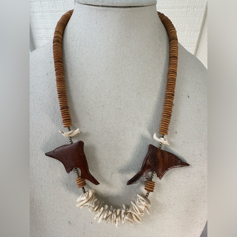 Vintage dolphin fetish wood bead necklace